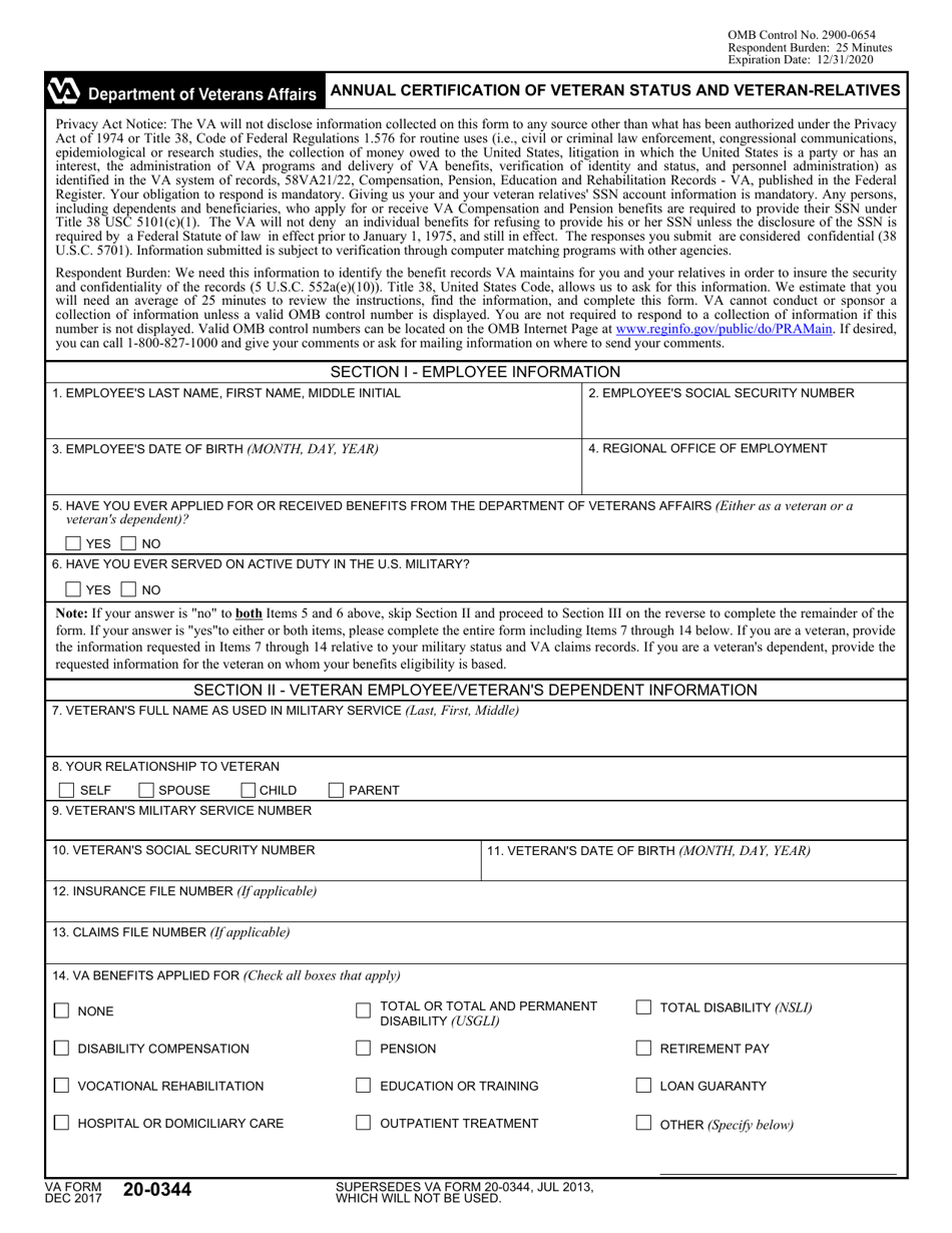 VA Form 20-0344 Annual Certification of Veteran Status and Veteran-Relatives, Page 1