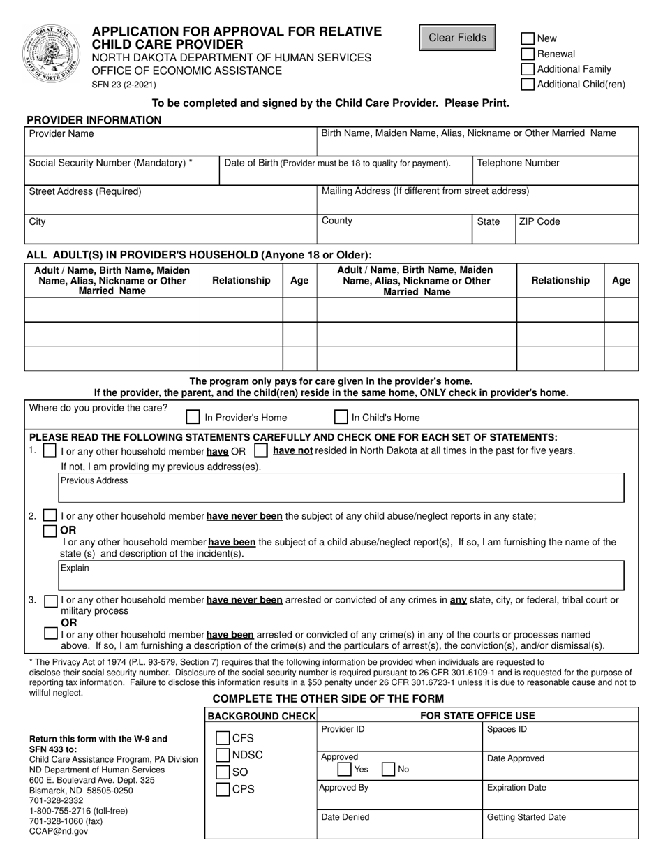 Form SFN23 Application for Approval for Relative Child Care Provider - North Dakota, Page 1