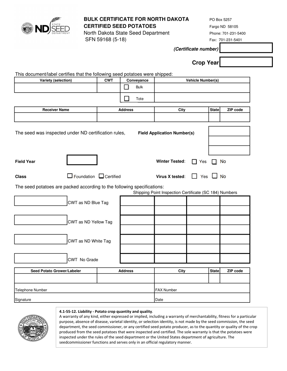 Form SFN59168 Bulk Certificate for North Dakota Certified Seed Potatoes - North Dakota, Page 1
