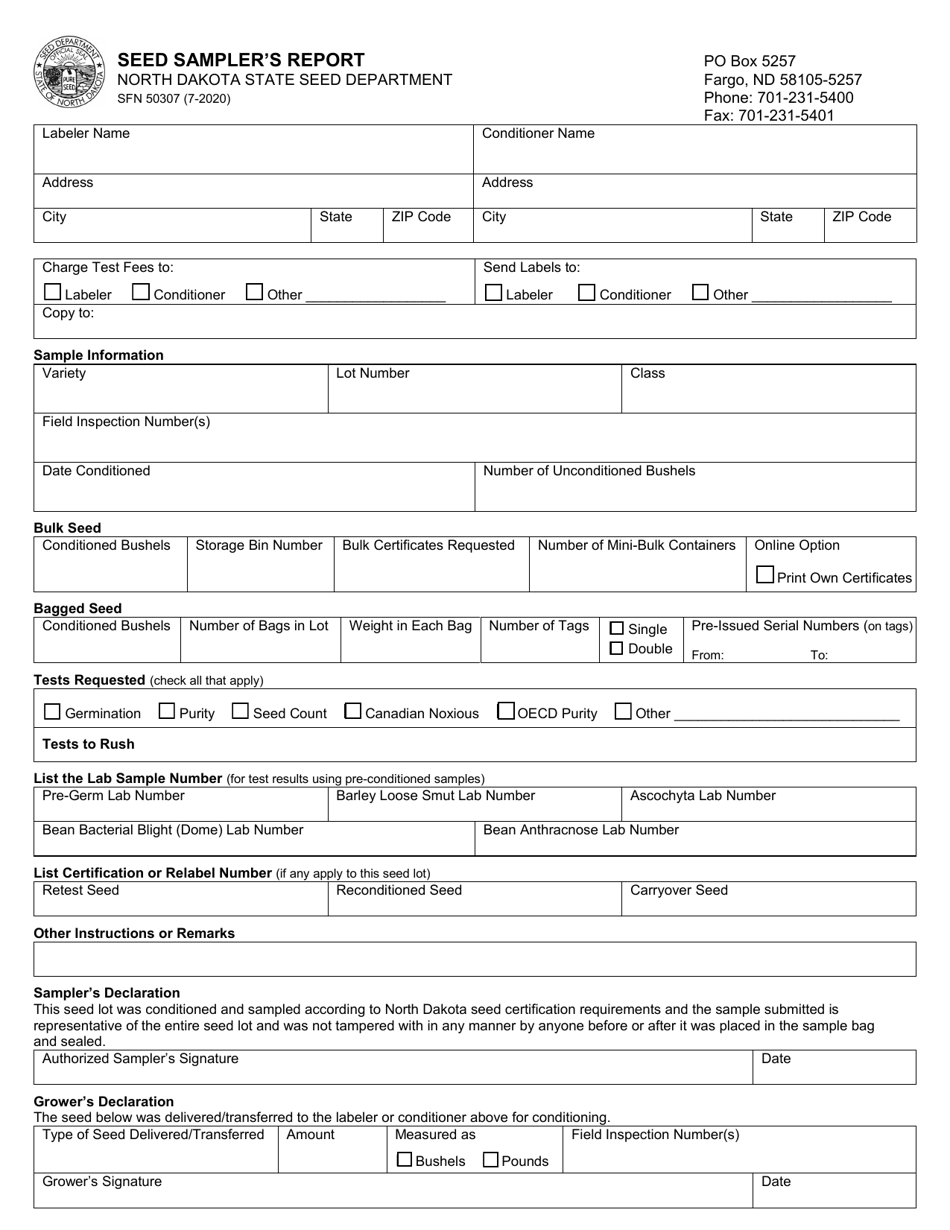 Form SFN50307 Seed Samplers Report - North Dakota, Page 1