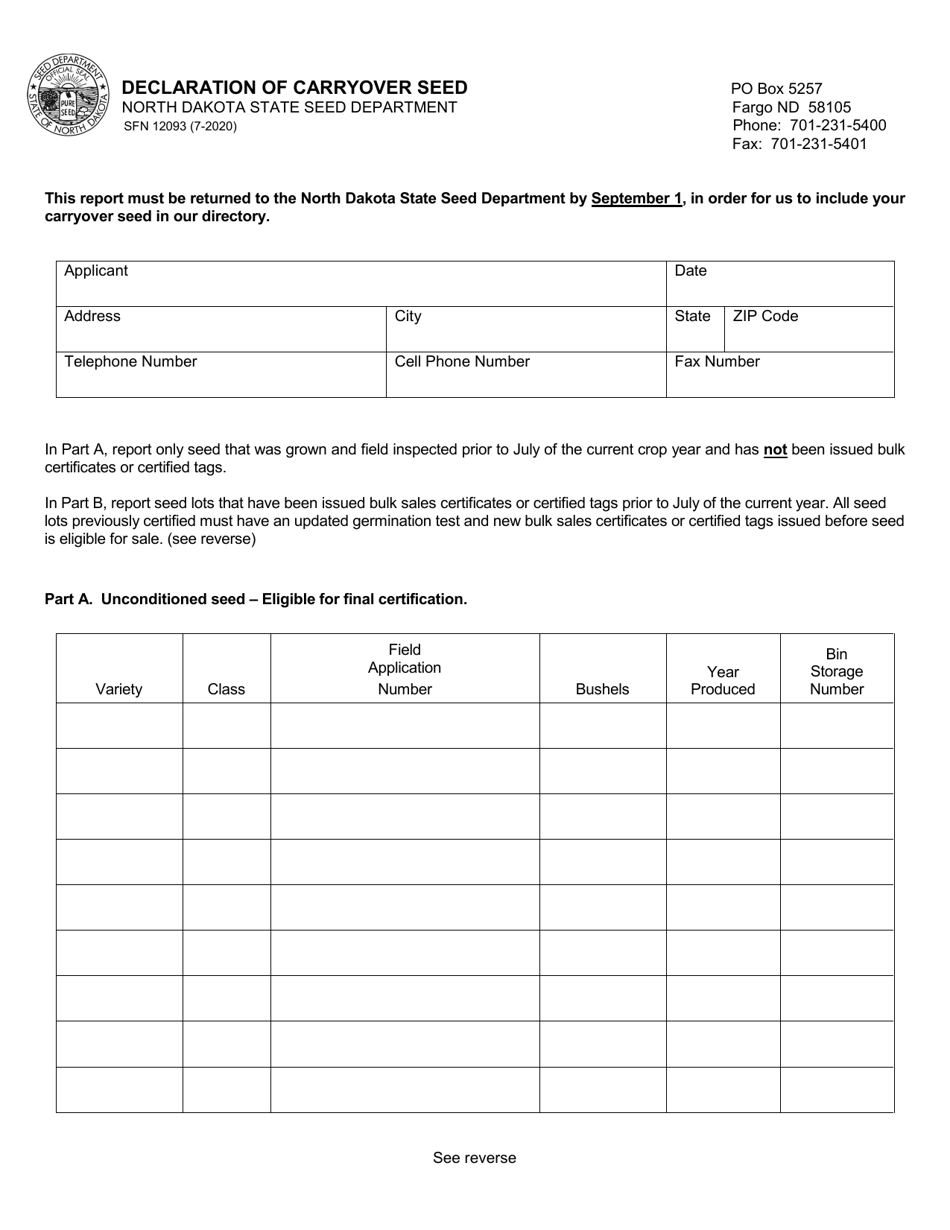 Form SFN12093 Declaration of Carryover Seed - North Dakota, Page 1