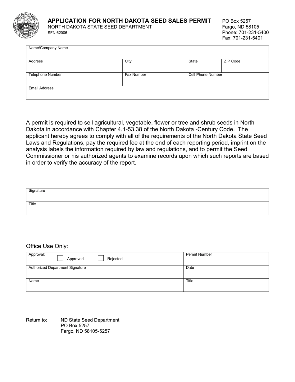 Form SFN62006 Application for North Dakota Seed Sales Permit - North Dakota, Page 1