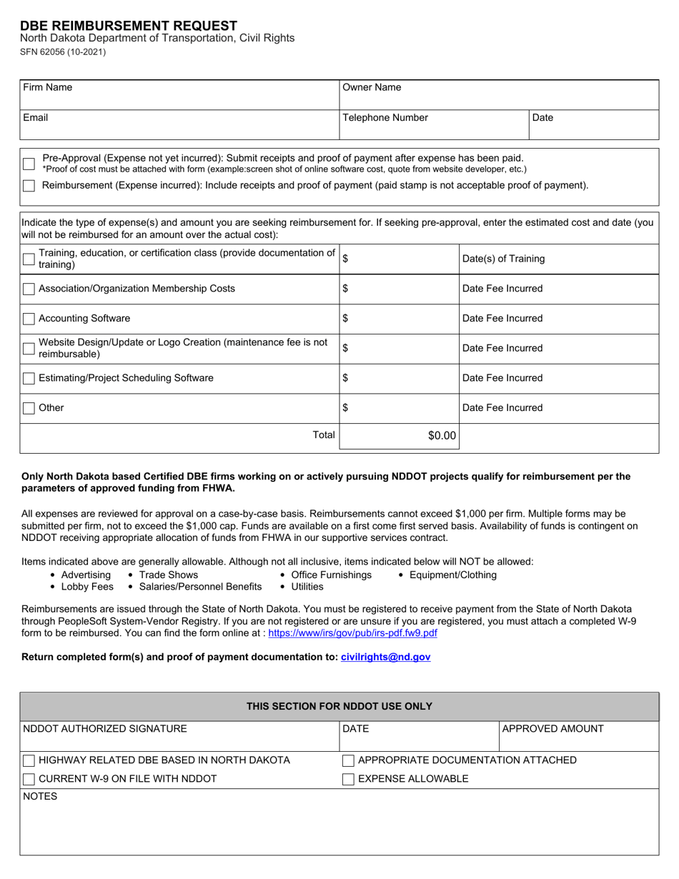 Form SFN62056 Dbe Reimbursement Request - North Dakota, Page 1