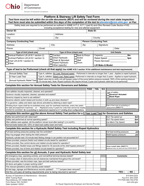 Form DIC-18-0021 Platform & Stairway Lift Safety Test Form - Ohio