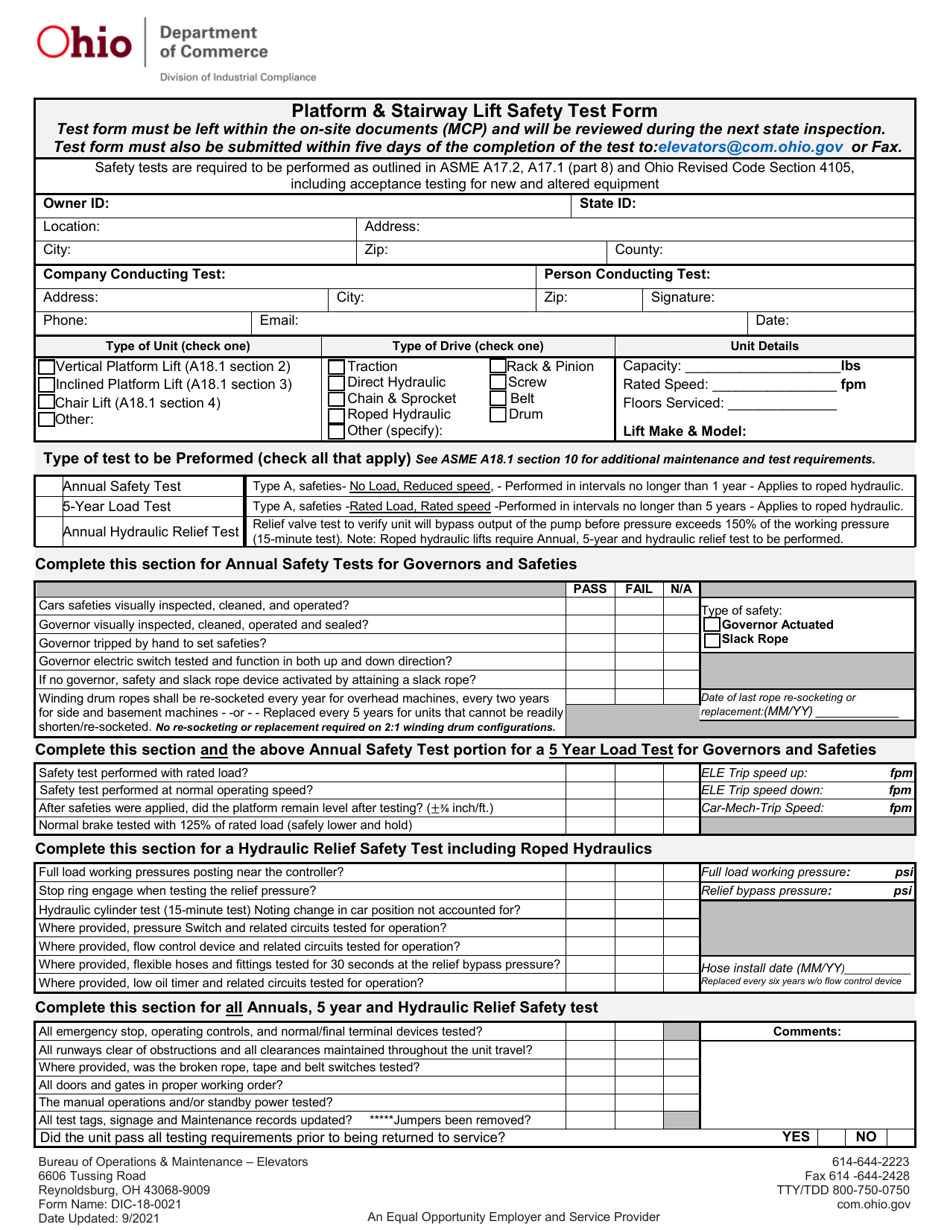 Form DIC-18-0021 Platform  Stairway Lift Safety Test Form - Ohio, Page 1