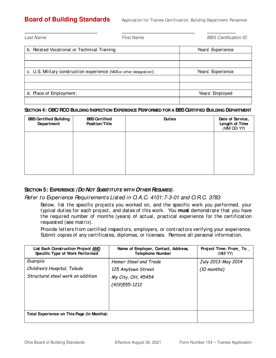 Form 154 Application for Trainee Certification of Building Department Personnel - Ohio, Page 3