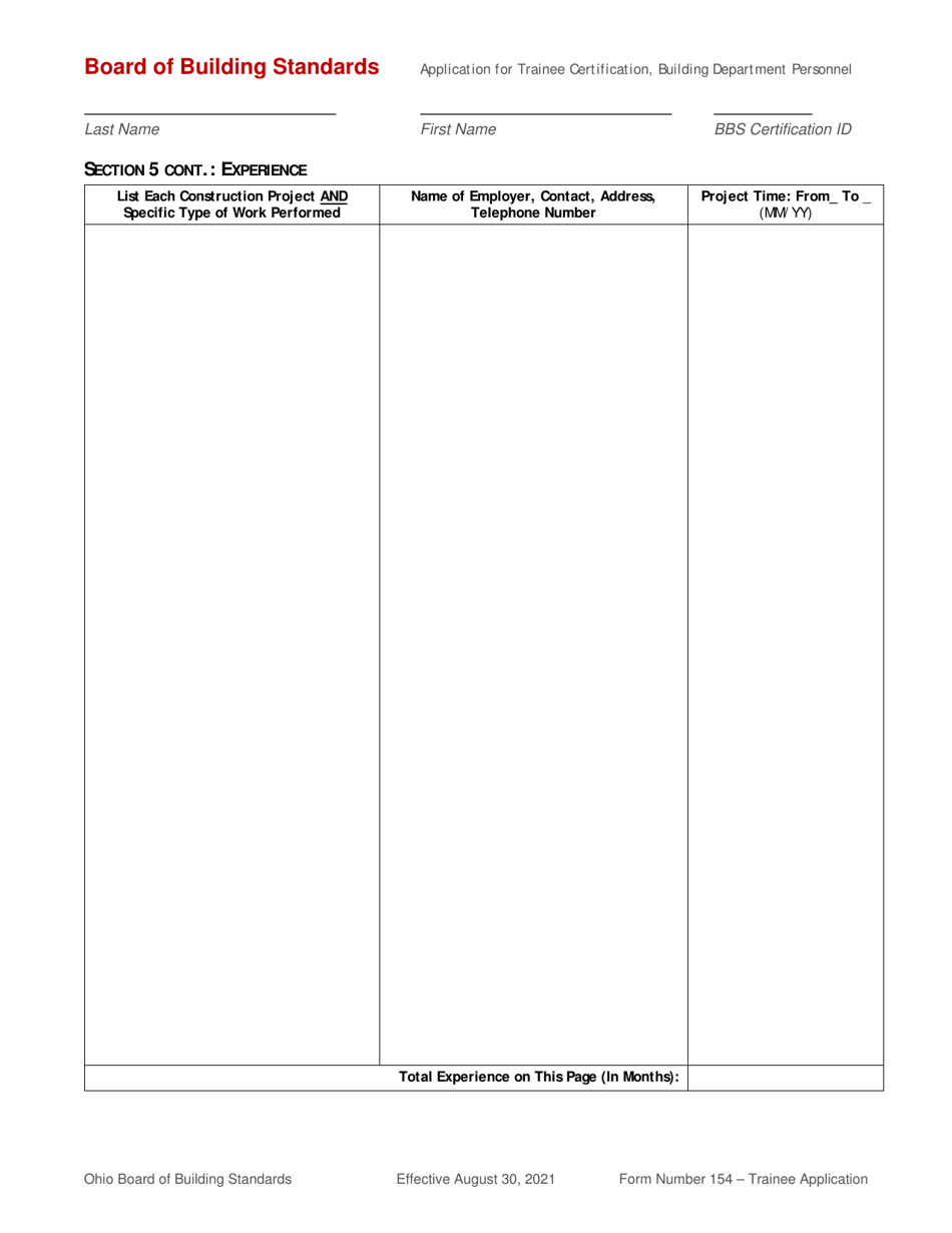 Form 154 Application for Trainee Certification of Building Department Personnel - Ohio, Page 4
