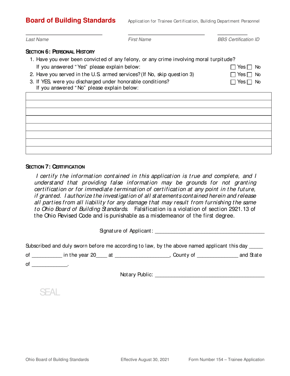 Form 154 Application for Trainee Certification of Building Department Personnel - Ohio, Page 5