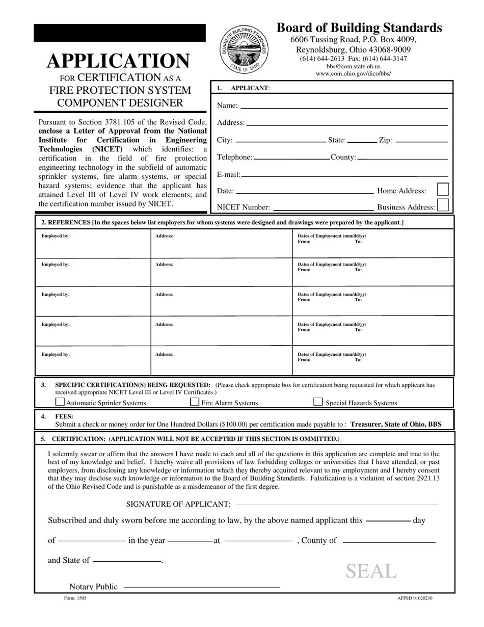 Form 1505 Application for Certification as a Fire Protection System Component Designer - Ohio, Page 1