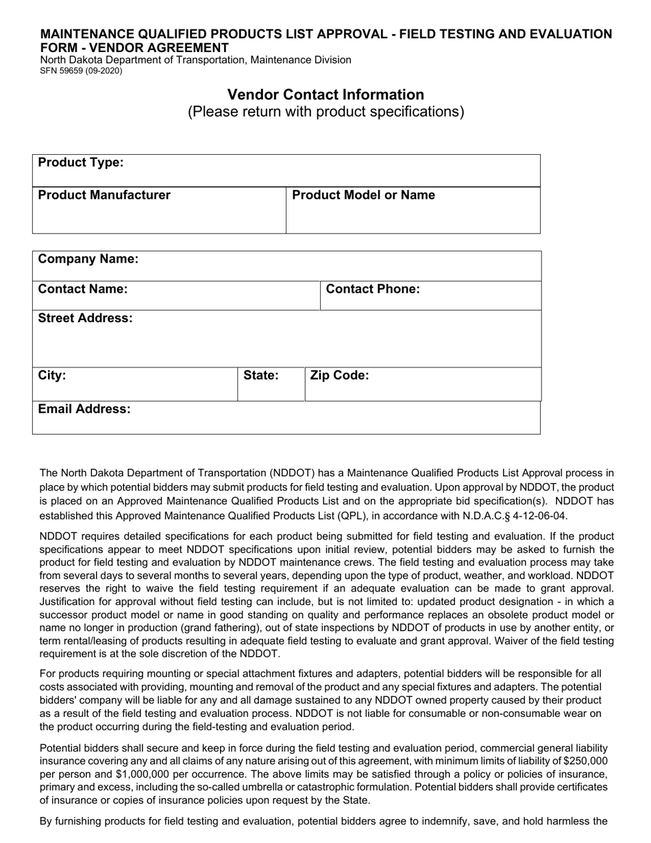 Form SFN59659 Maintenance Qualified Products List Approval - Field Testing and Evaluation Form - Vendor Agreement - North Dakota, Page 1