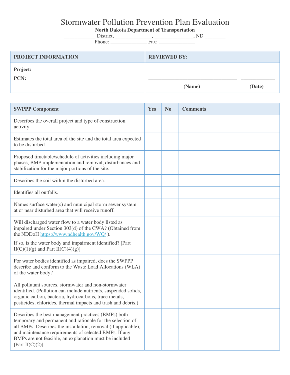 North Dakota Stormwater Pollution Prevention Plan Evaluation - Fill Out ...