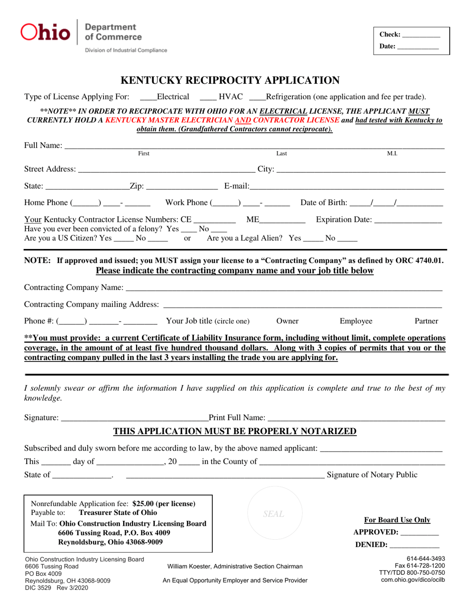 Form DIC3529 Kentucky Reciprocity Application - Ohio, Page 1