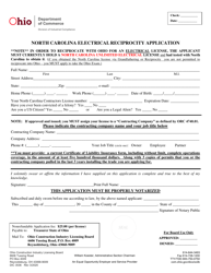 Form DIC3536 &quot;North Carolina Electrical Reciprocity Application&quot; - Ohio
