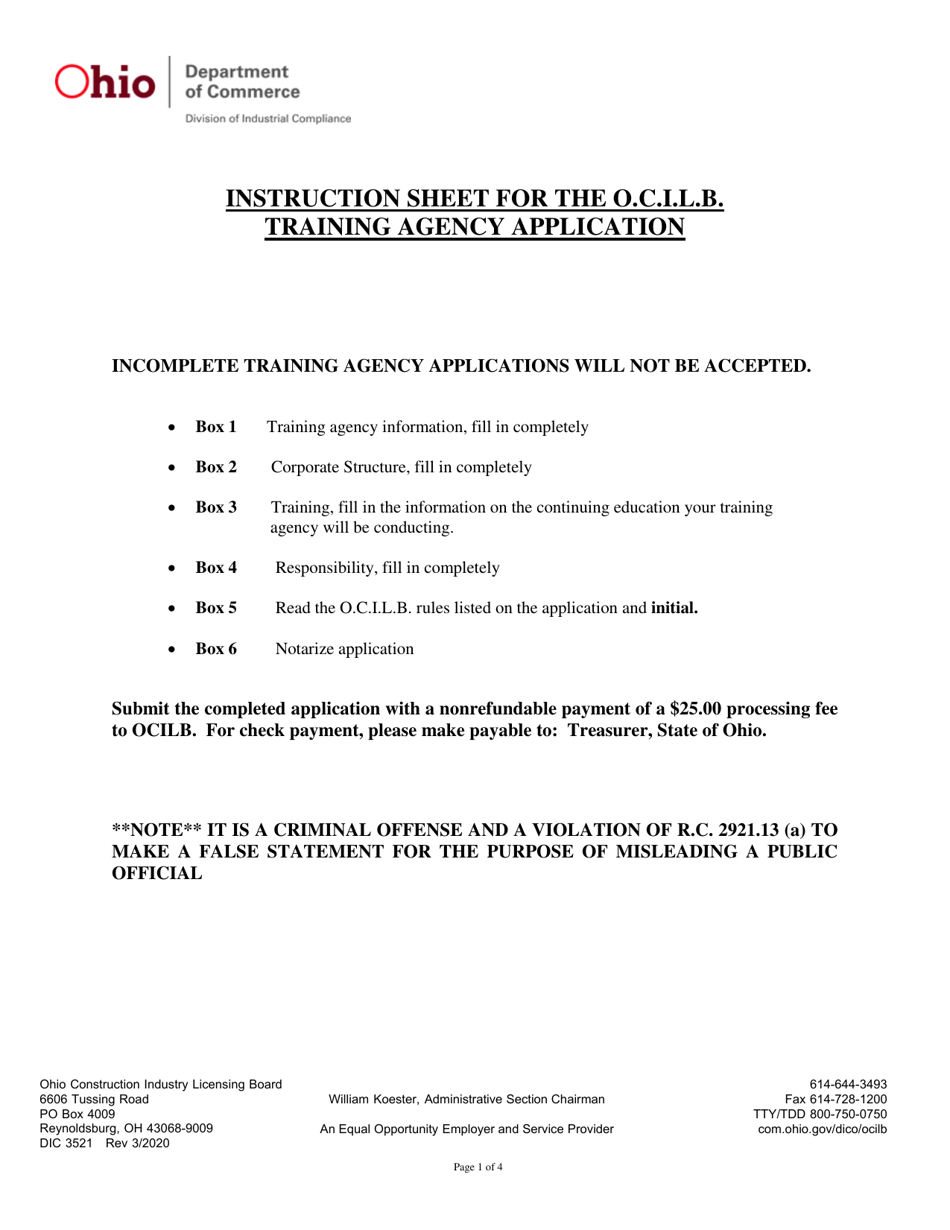 Form DIC3521 Training Agency Application - Ohio, Page 1