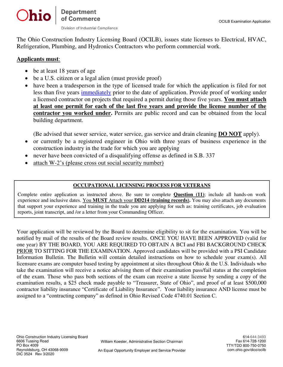 Form DIC3524 Fill Out, Sign Online and Download Printable PDF, Ohio