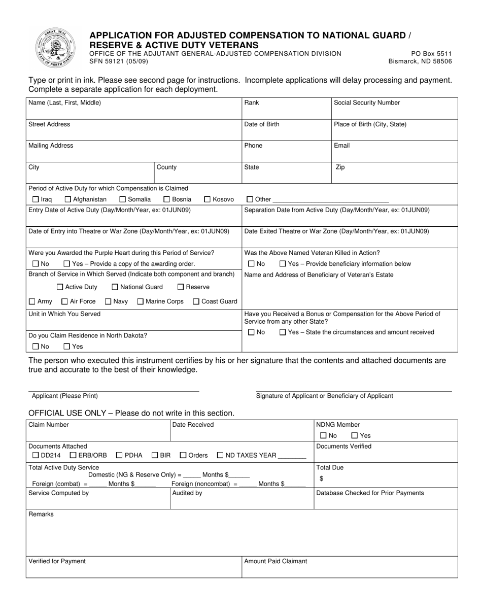 Form SFN59121 Application for Adjusted Compensation to National Guard/Reserve  Active Duty Veterans - North Dakota, Page 1