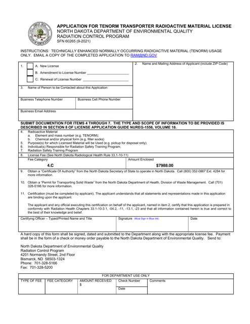 Form SFN60265 Application for Tenorm Transporter Radioactive Material License - North Dakota