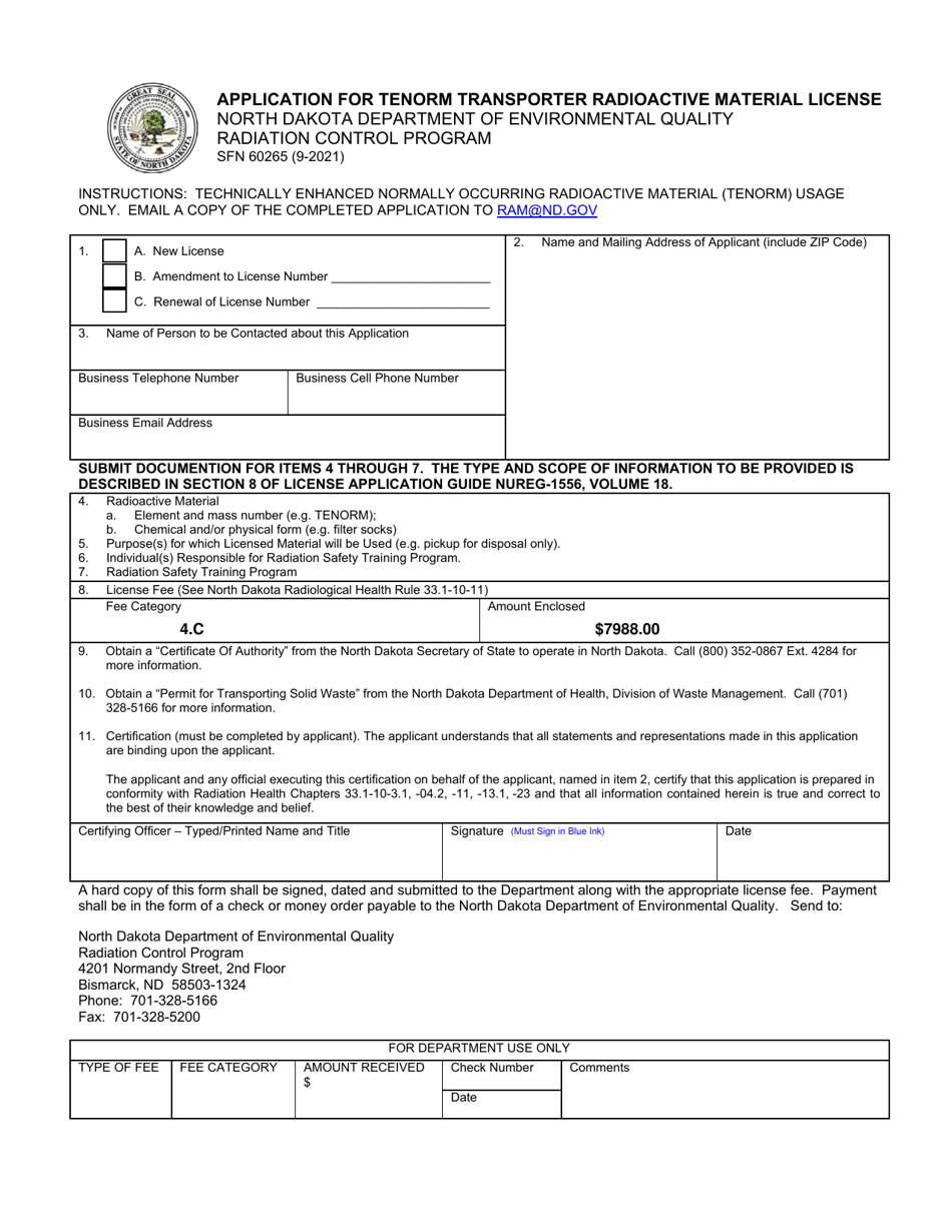 Form SFN60265 Application for Tenorm Transporter Radioactive Material License - North Dakota, Page 1