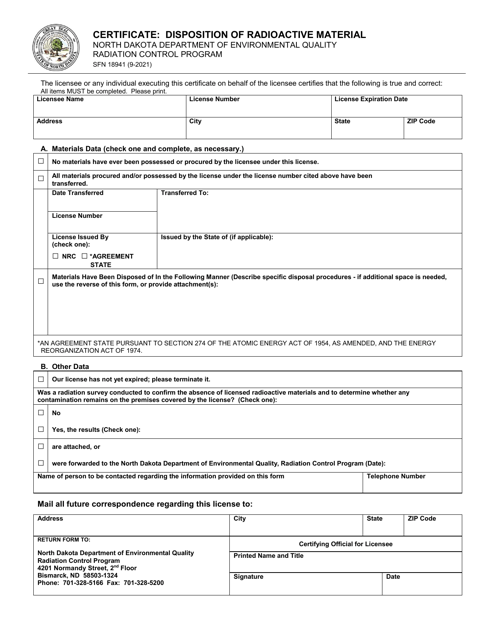 Form SFN18941 Certificate: Disposition of Radioactive Material - North Dakota