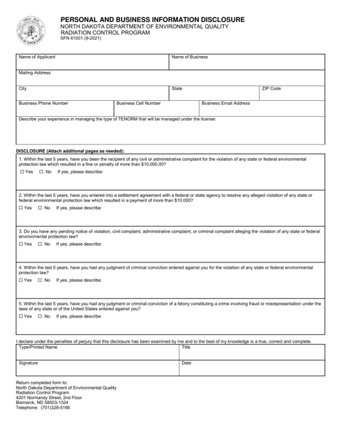 Form SFN61001 Personal and Business Information Disclosure - North Dakota