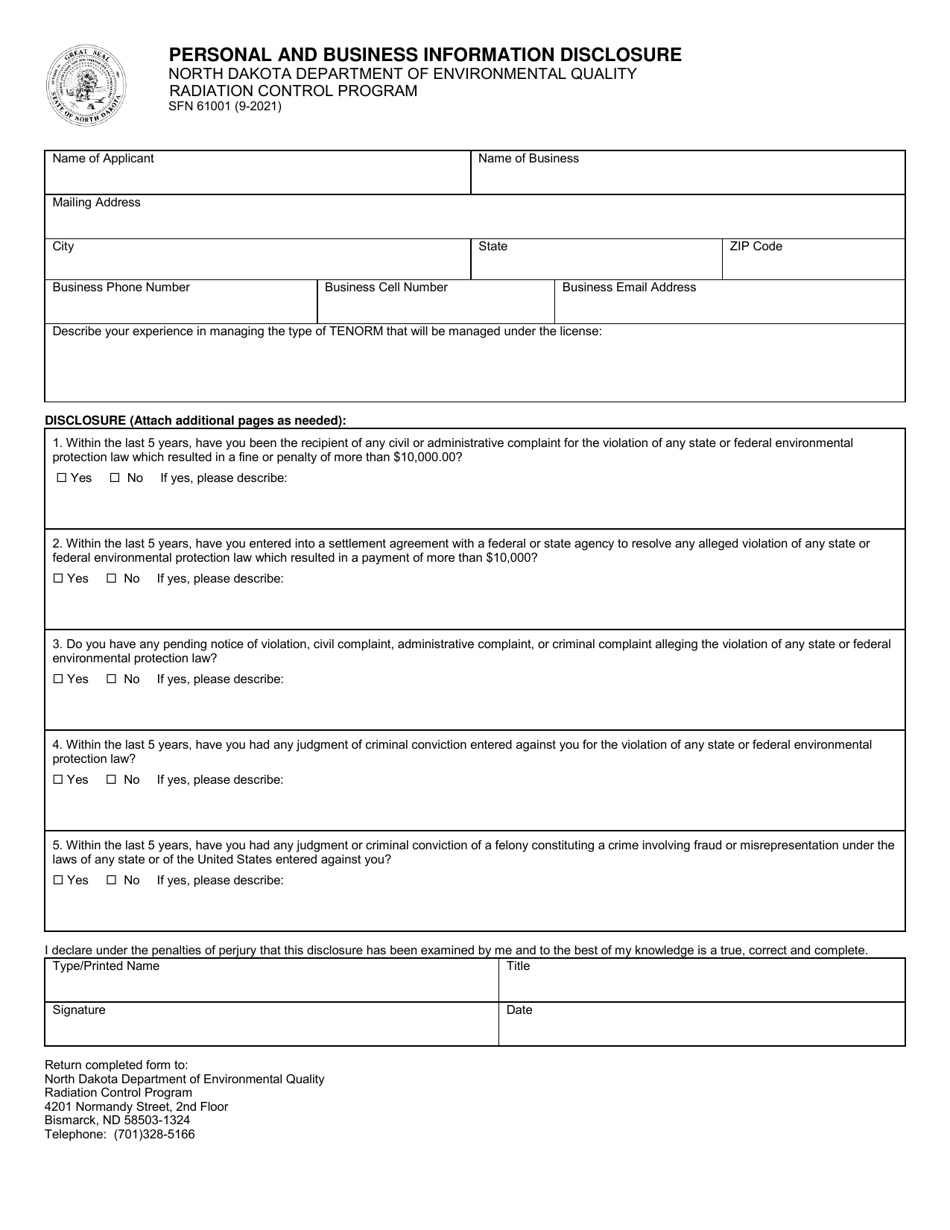 Form SFN61001 Personal and Business Information Disclosure - North Dakota, Page 1