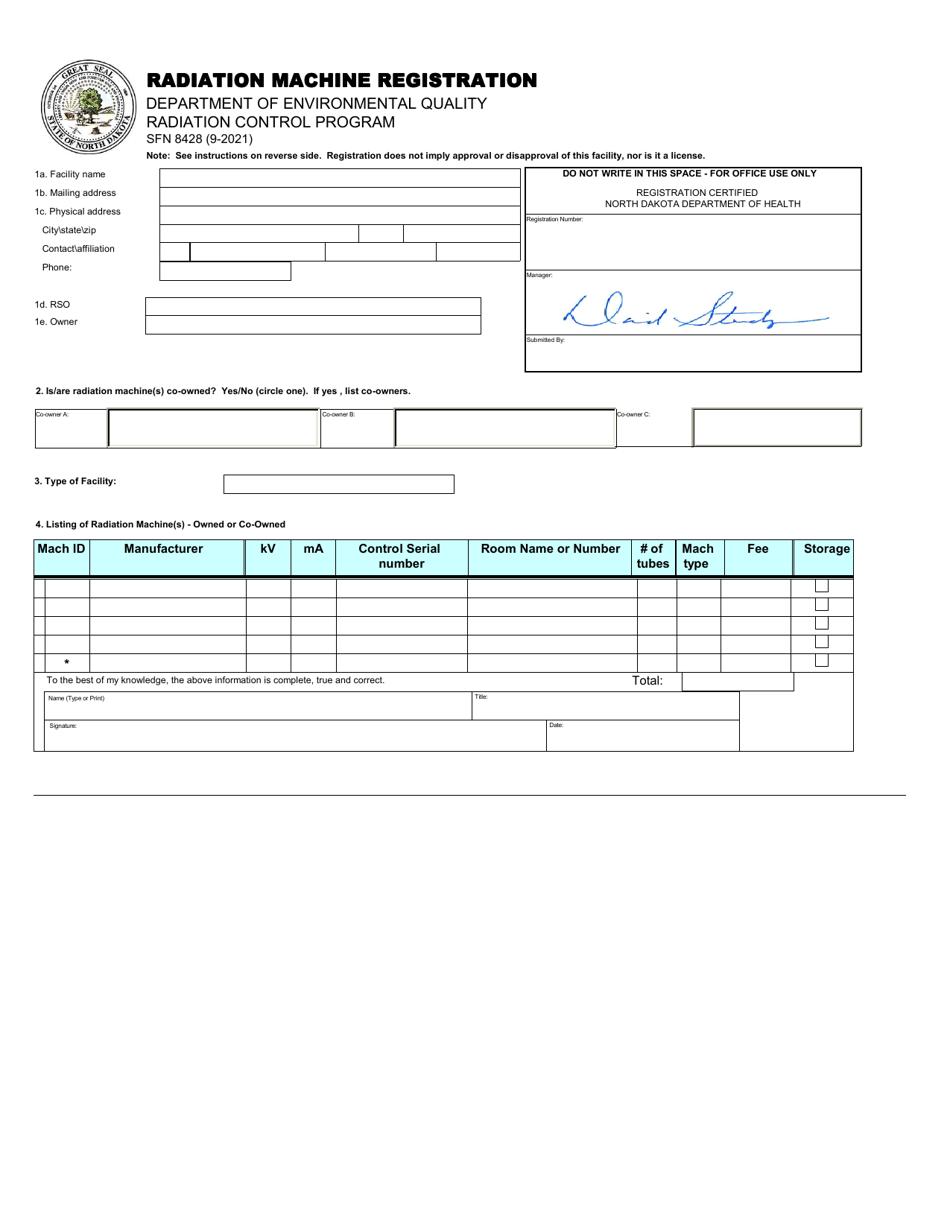 Form RCP-4 (SFN8428) Radiation Machine Registration - North Dakota, Page 1