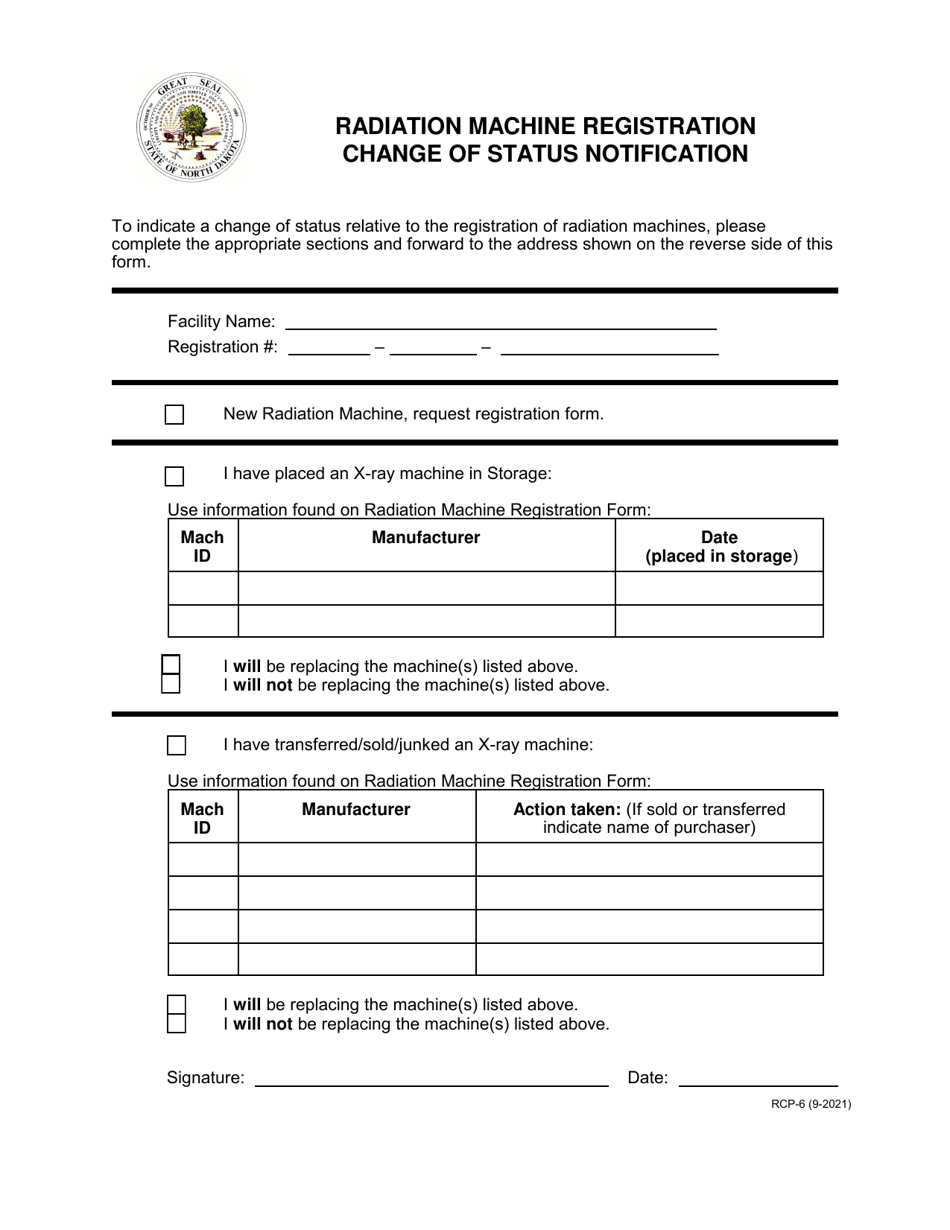 Form RCP-6 Radiation Machine Registration Change of Status Notification - North Dakota, Page 1