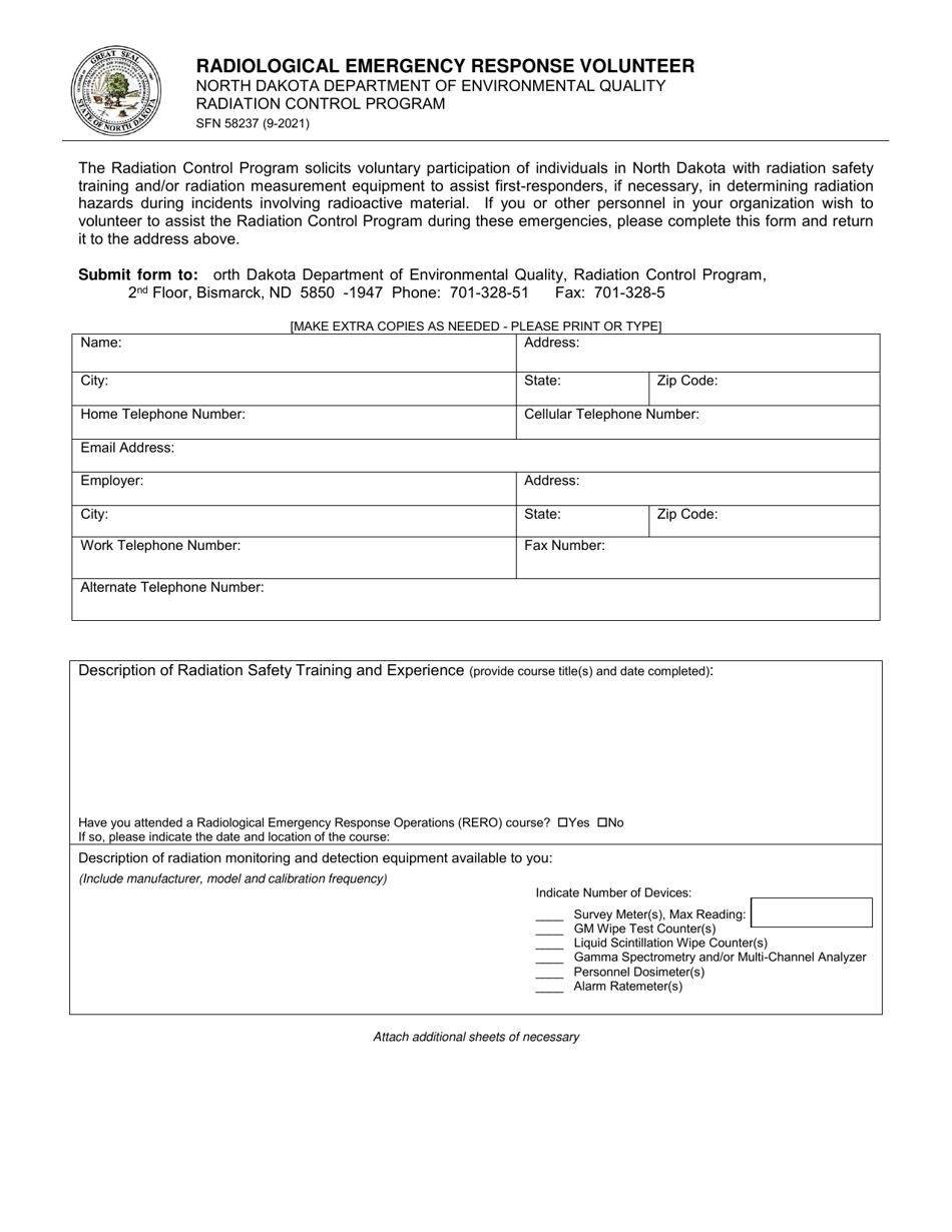Form RCP-20 (SFN58237) Radiological Emergency Response Volunteer - North Dakota, Page 1