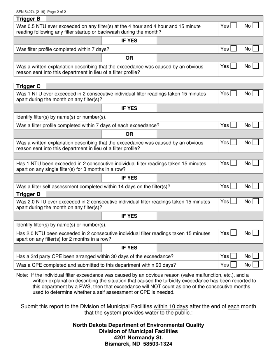 Form SFN54274 Individual Filter Turbidity Monitoring Data Summary - North Dakota, Page 2