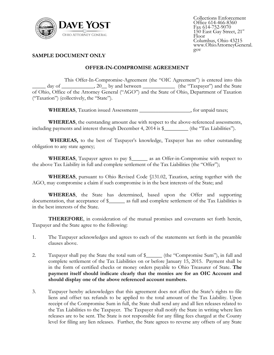 Offer-In-compromise Sample Agreement - Ohio, Page 1