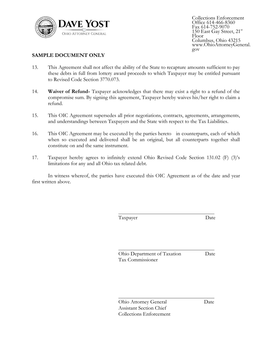 Offer-In-compromise Sample Agreement - Ohio, Page 3