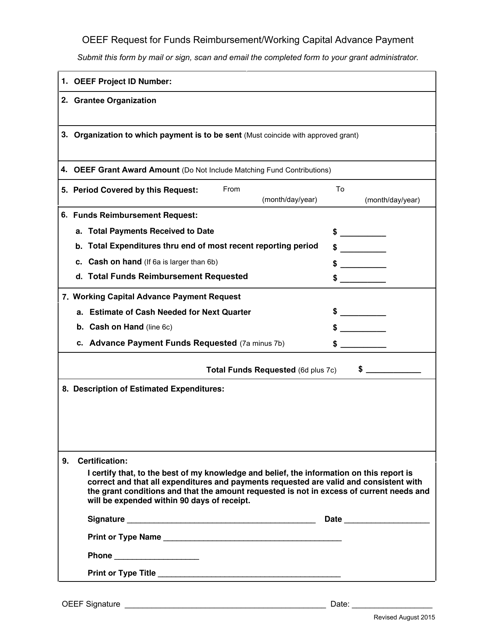 Oeef Request for Funds Reimbursement / Working Capital Advance Payment - Ohio Download Pdf