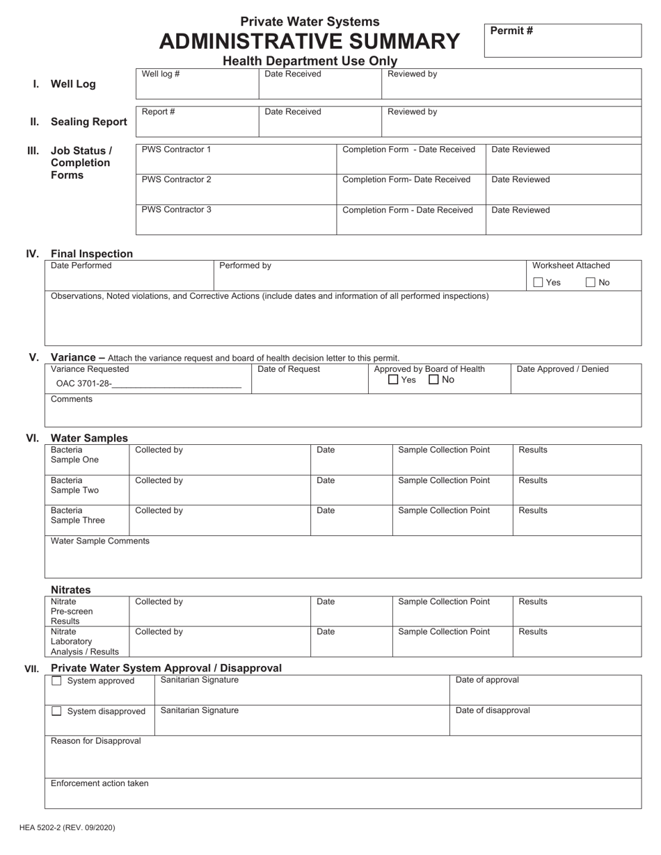 Form HEA5202-2 Administrative Summary - Private Water Systems - Ohio, Page 1