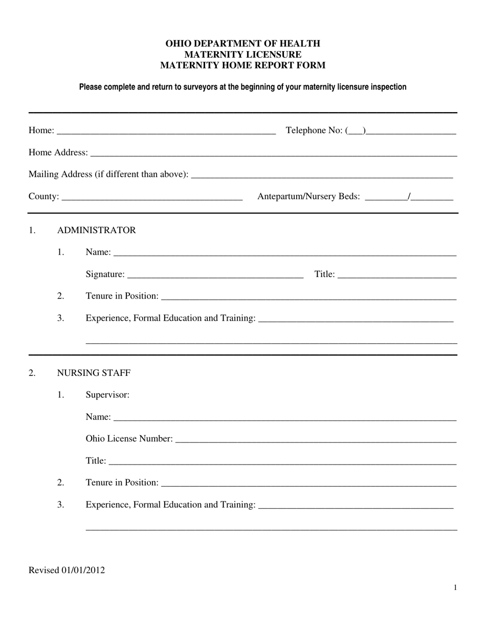 Maternity Home Report Form - Ohio, Page 1