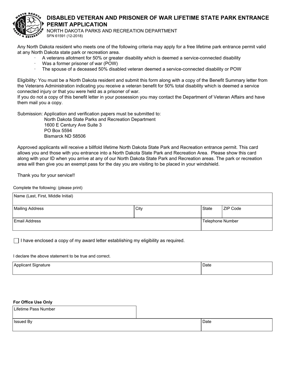 Form SFN61591 Disabled Veteran and Prisoner of War Lifetime State Park Entrance Permit Application - North Dakota, Page 1