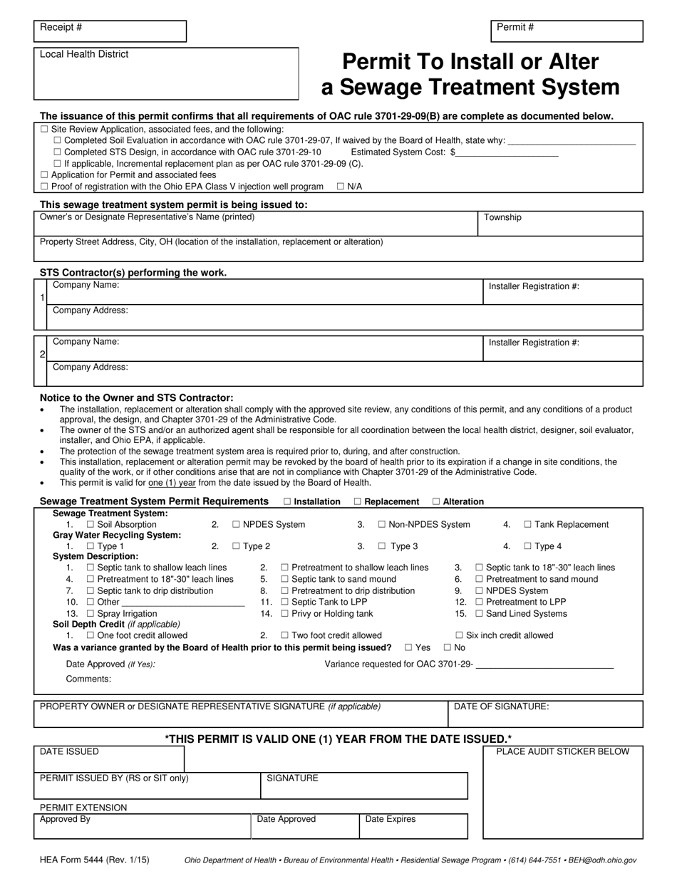 HEA Form 5444 Permit to Install or Alter a Sewage Treatment System - Ohio, Page 1