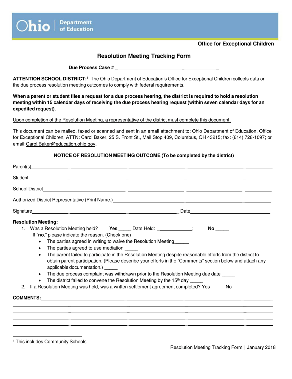 Resolution Meeting Tracking Form - Ohio, Page 1