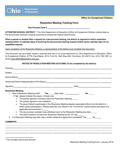 Resolution Meeting Tracking Form - Ohio Download Pdf