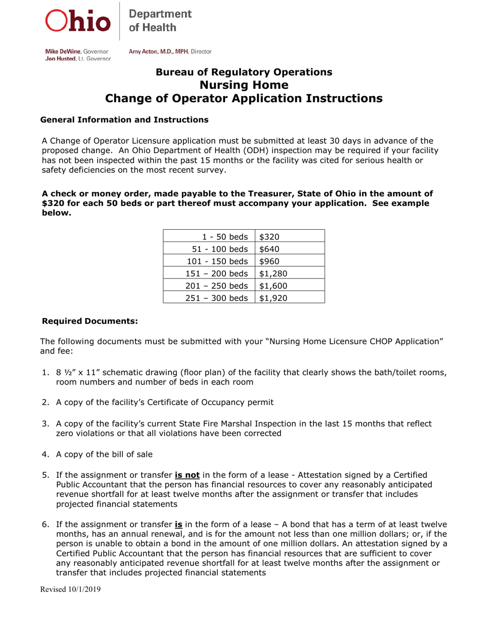 Form ODH6351.12 Nursing Home Change of Operator Application - Ohio, Page 1