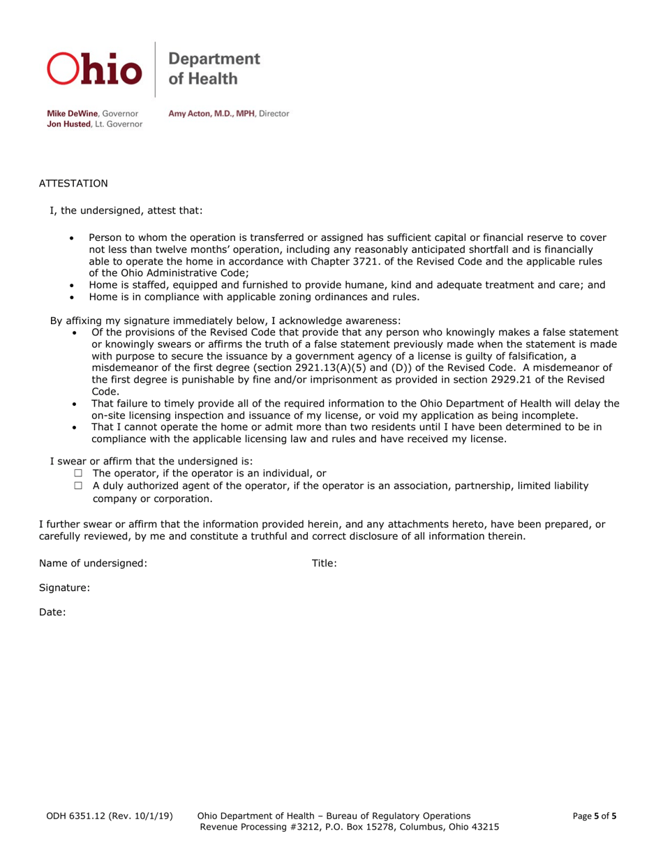Form ODH6351.12 Fill Out, Sign Online and Download Fillable PDF, Ohio