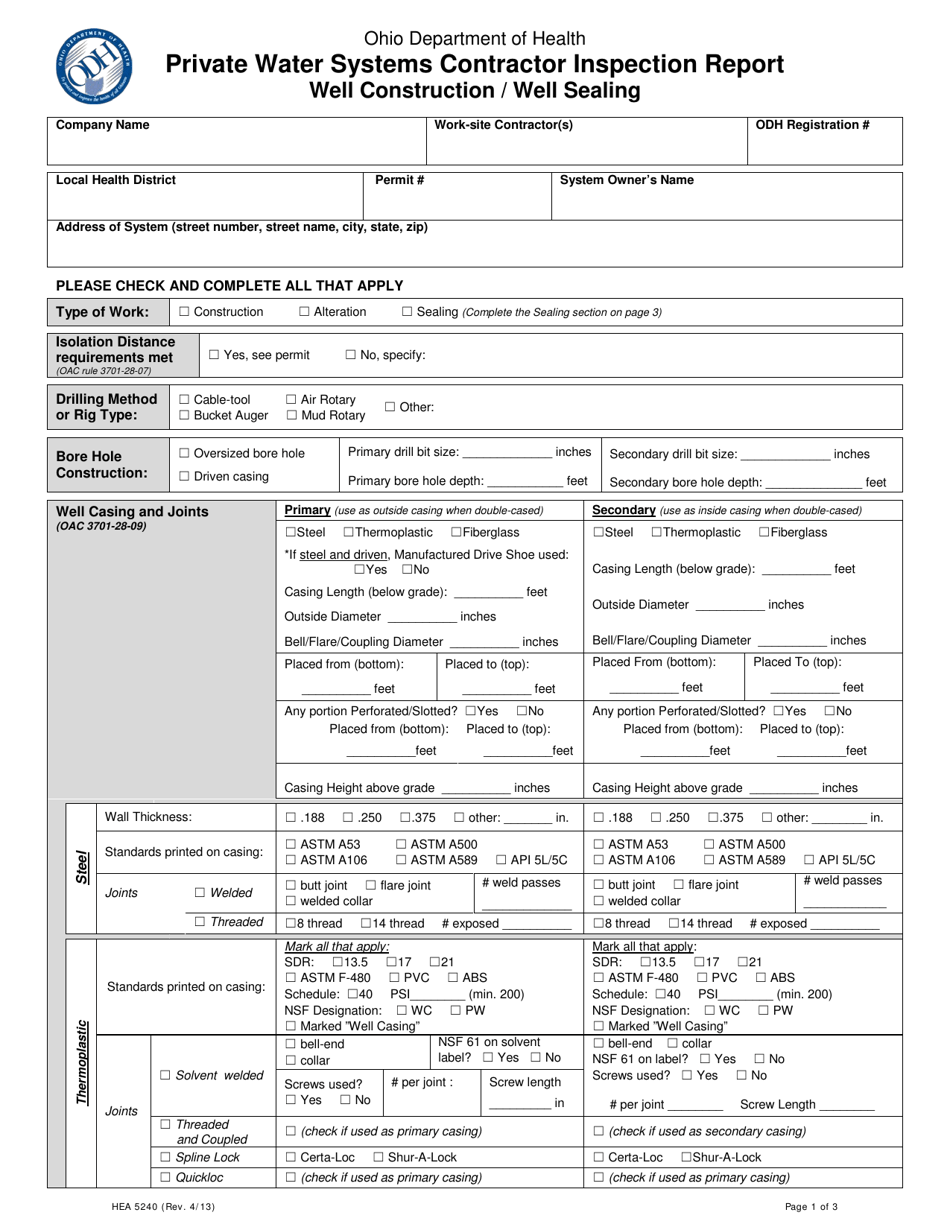 Form HEA5240 Private Water Systems Contractor Inspection Report - Well Construction / Well Sealing - Ohio, Page 1