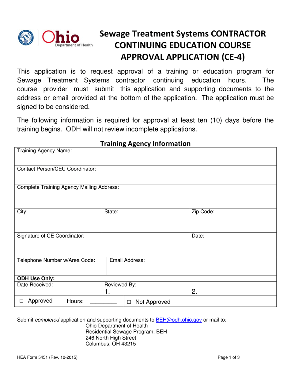 HEA Form 5451 (CE-4) Sewage Treatment Systems Contractor Continuing Education Course Approval Application - Ohio, Page 1