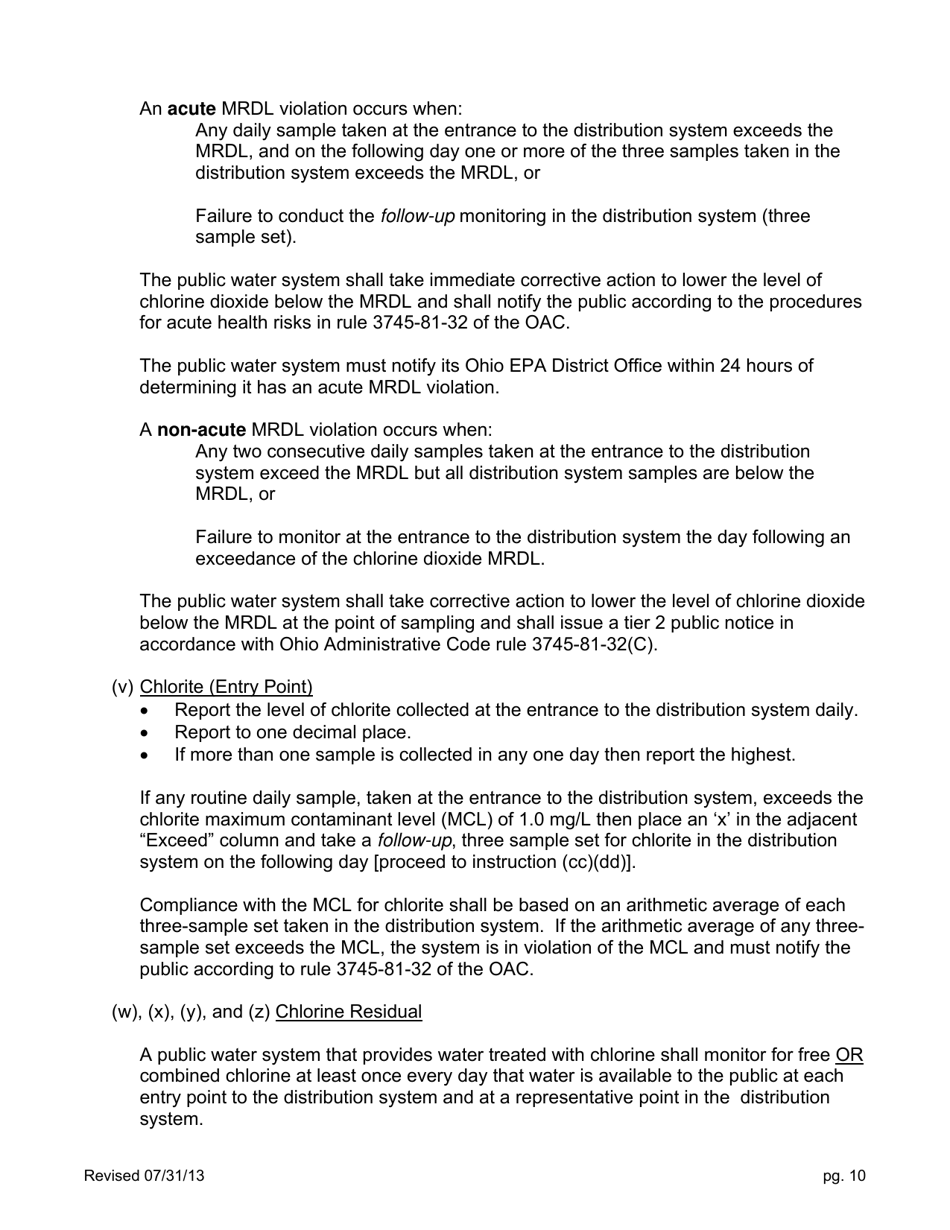 Form EPA5002 Water Plant / Distribution System Monthly Operating Report (Mor) - Ohio, Page 10