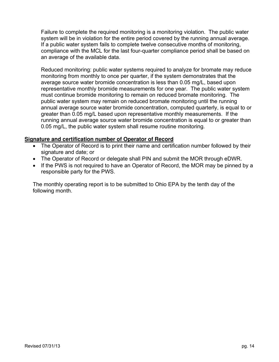 Form EPA5002 Water Plant / Distribution System Monthly Operating Report (Mor) - Ohio, Page 14