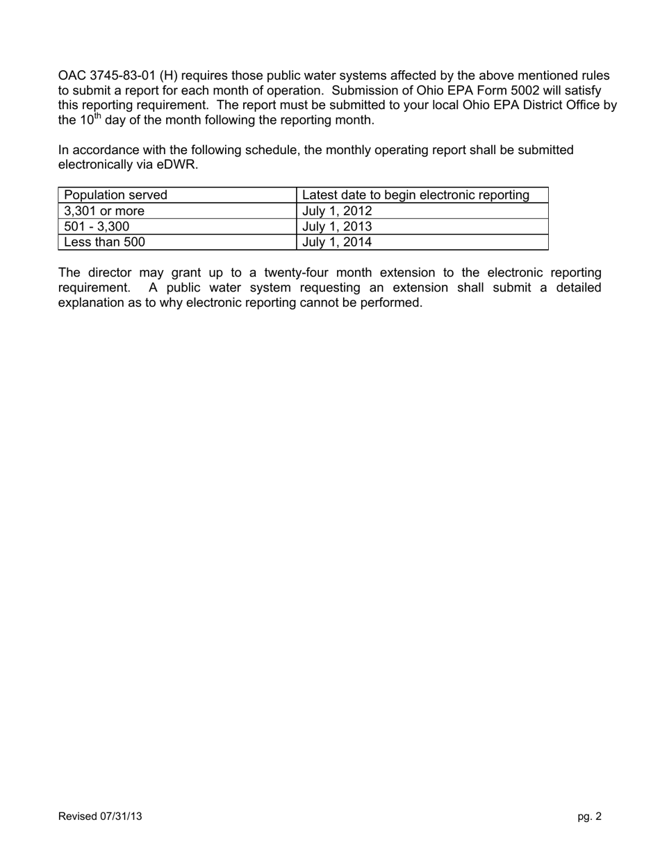 Form EPA5002 Water Plant / Distribution System Monthly Operating Report (Mor) - Ohio, Page 2