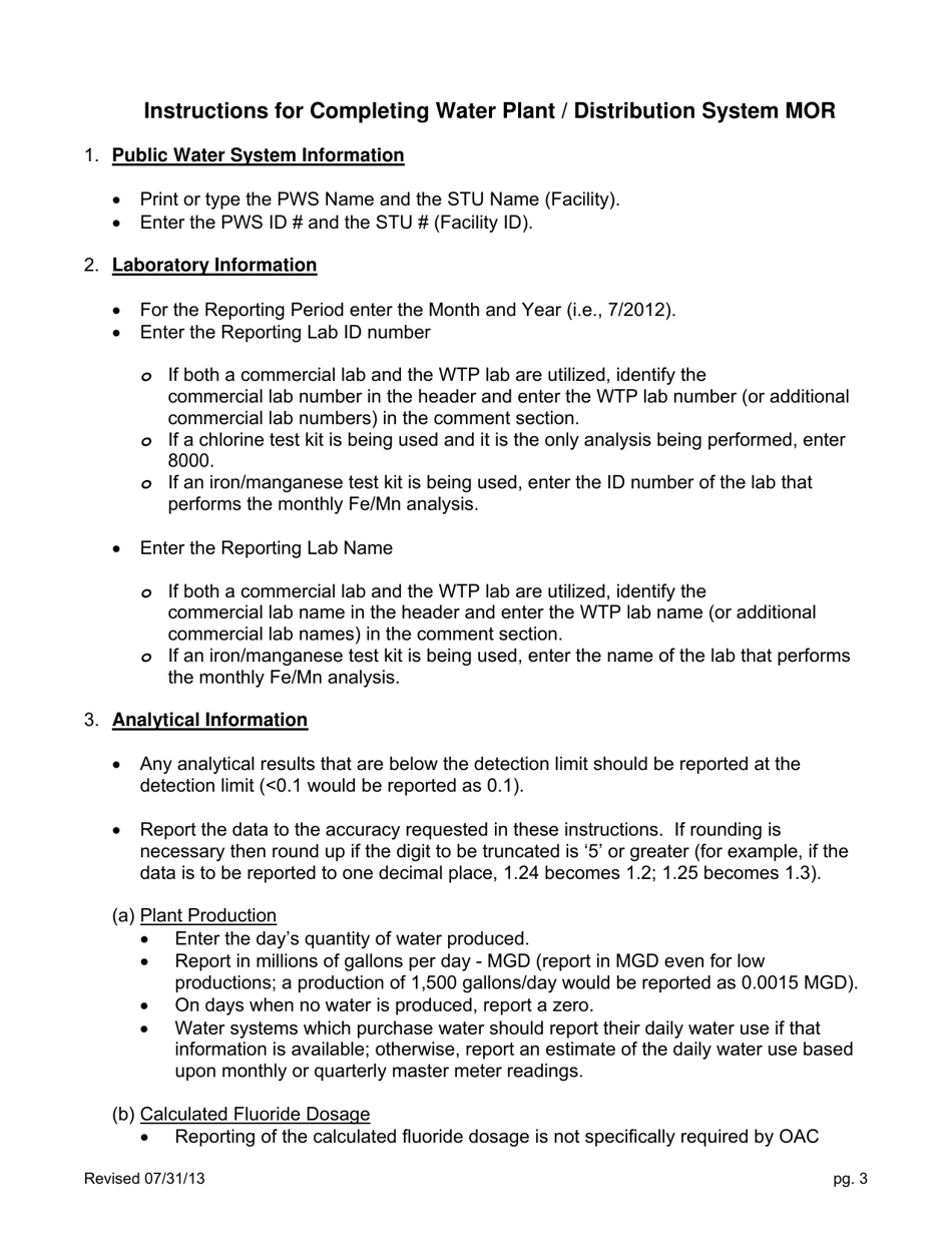 Form EPA5002 Water Plant / Distribution System Monthly Operating Report (Mor) - Ohio, Page 3