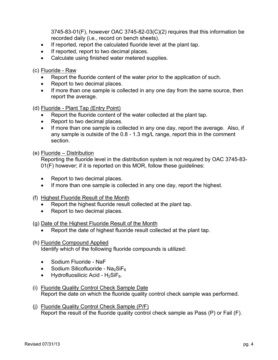 Form EPA5002 Water Plant / Distribution System Monthly Operating Report (Mor) - Ohio, Page 4