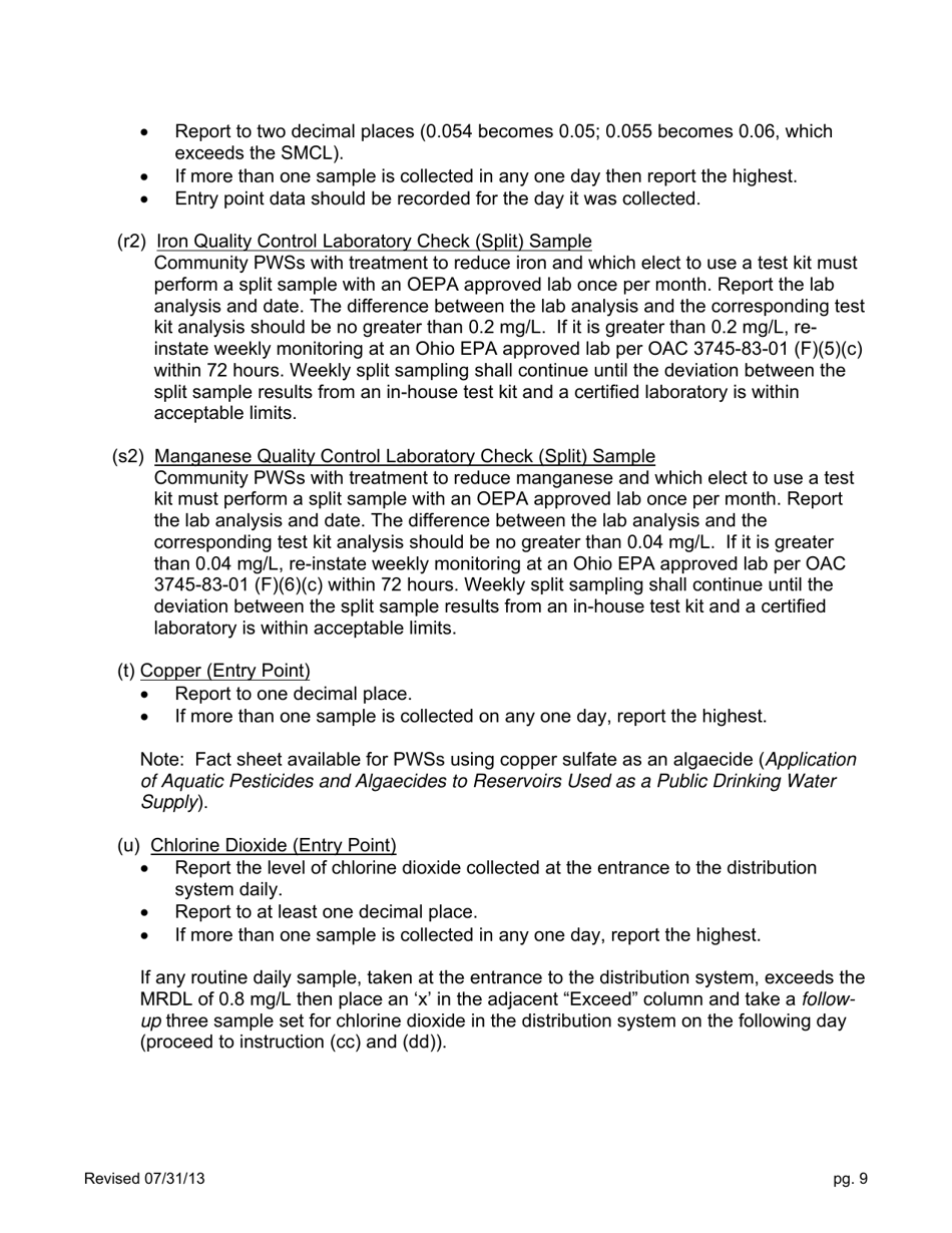 Form EPA5002 Water Plant / Distribution System Monthly Operating Report (Mor) - Ohio, Page 9
