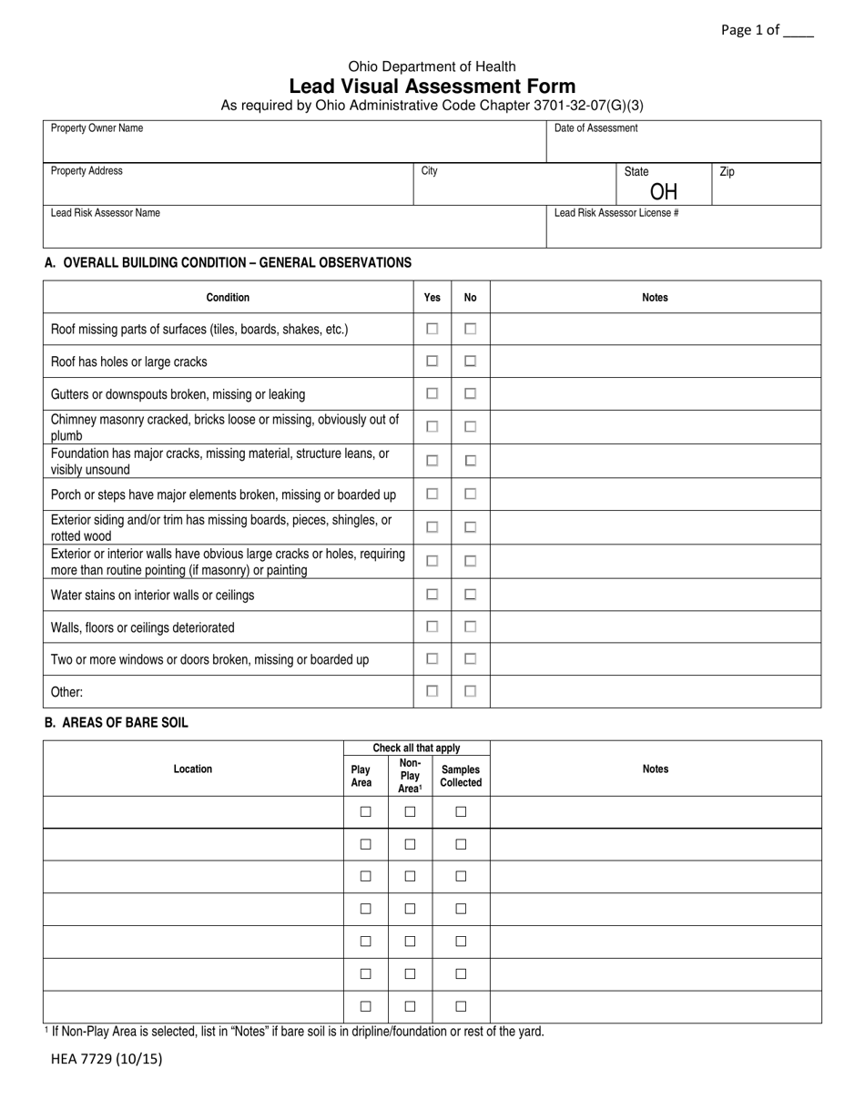 Form HEA7729 Lead Visual Assessment Form - Ohio, Page 1