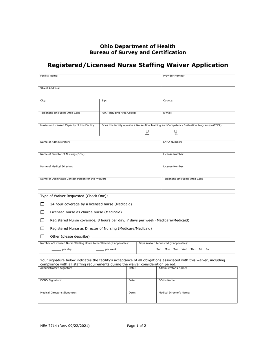 Form HEA7714 Registered / Licensed Nurse Staffing Waiver Application - Ohio, Page 1